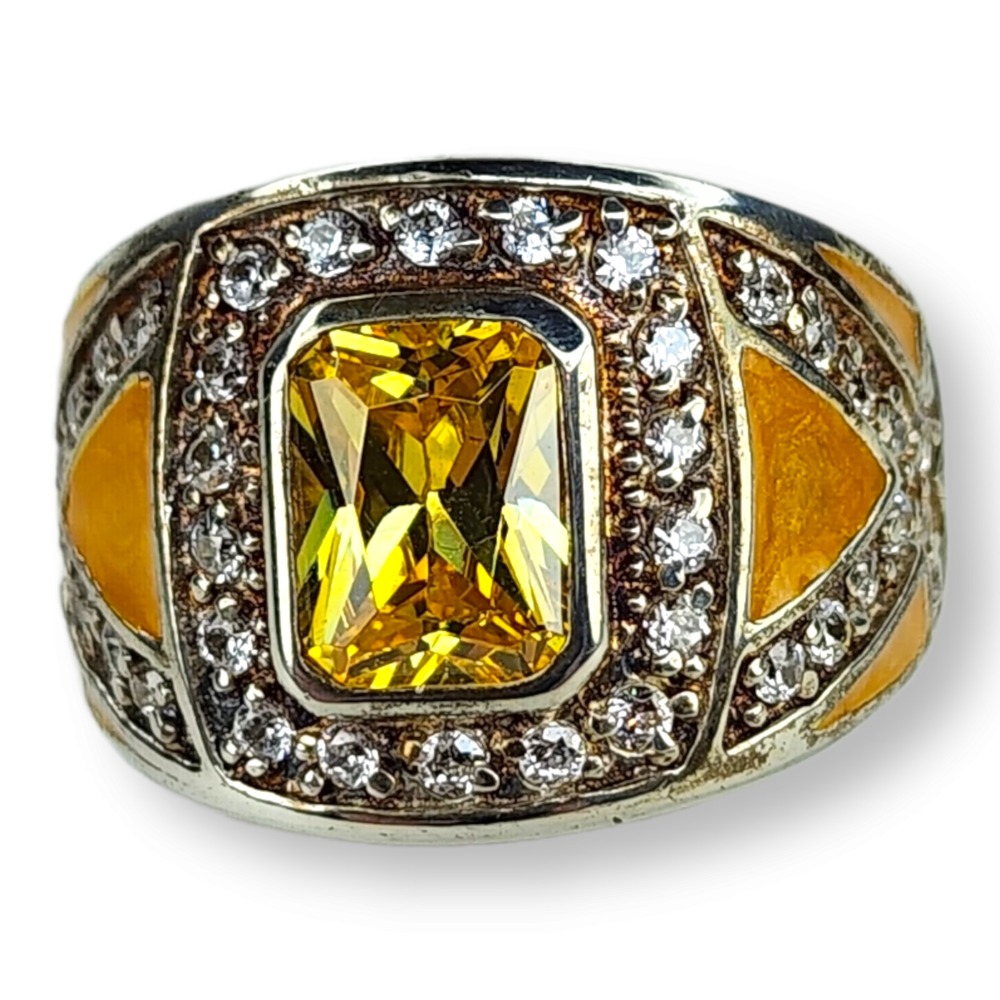 Vintage Cocktail Ring Sterling Silver 925 Size 7 Yellow Faceted Glass Enamel